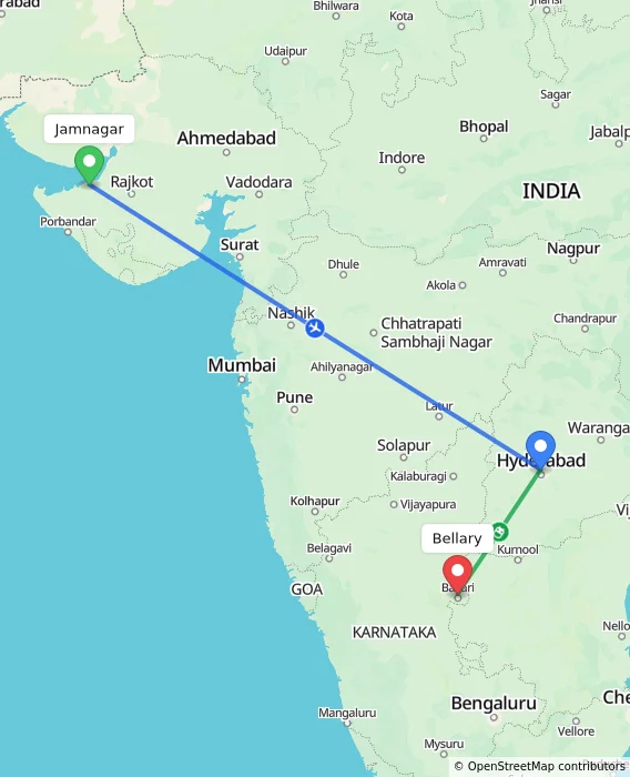 Route map showing distance and travel time from Jamnagar, India to Bellary, India