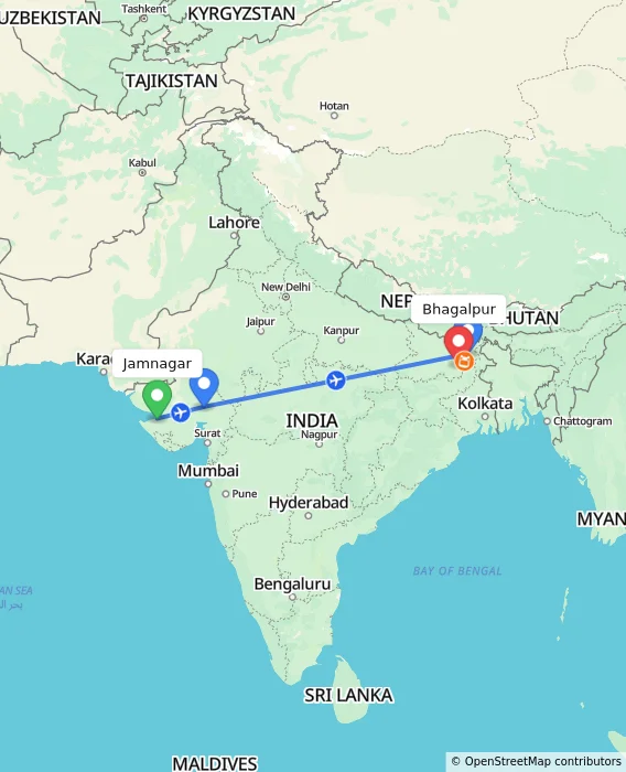 Route map showing distance and travel time from Jamnagar, India to Bhagalpur, India