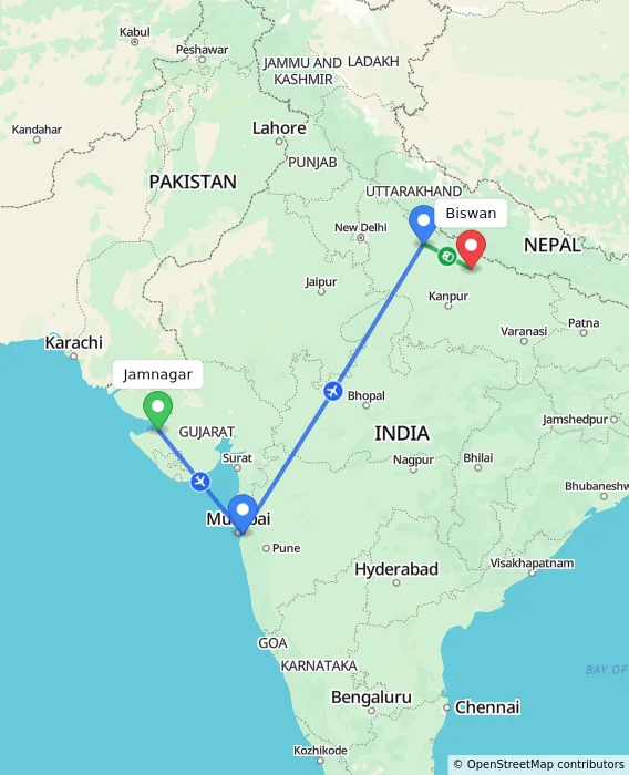 Route map showing distance and travel time from Jamnagar, India to Biswan, India