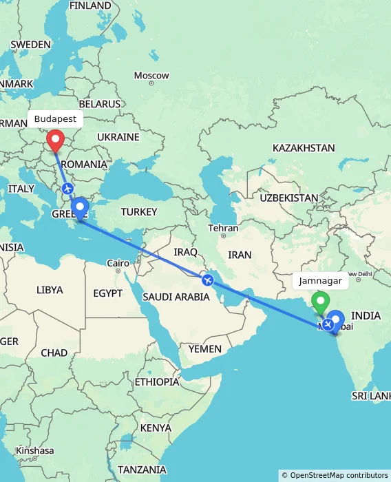 Route map showing distance and travel time from Jamnagar, India to Budapest, Hungary