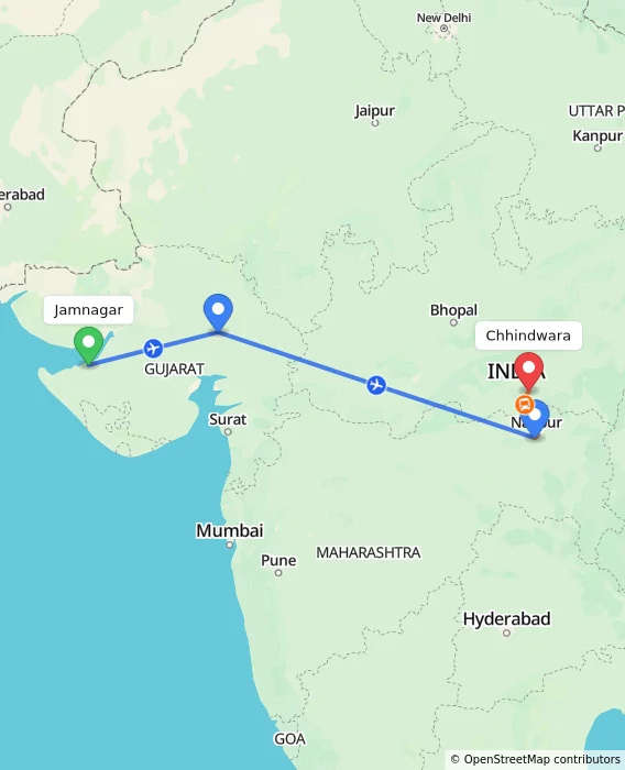 Route map showing distance and travel time from Jamnagar, India to Chhindwara, India