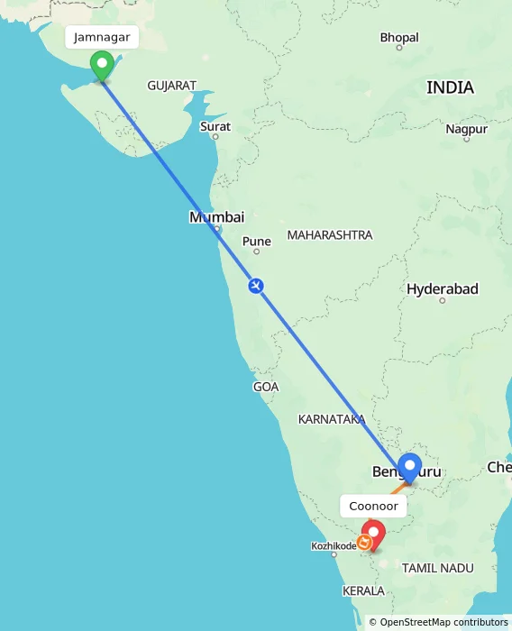 Route map showing distance and travel time from Jamnagar, India to Coonoor, India