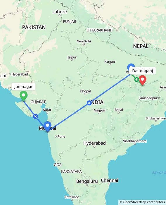 Route map showing distance and travel time from Jamnagar, India to Daltonganj, India