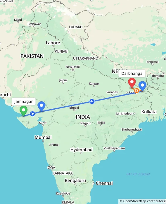 Route map showing distance and travel time from Jamnagar, India to Darbhanga, India