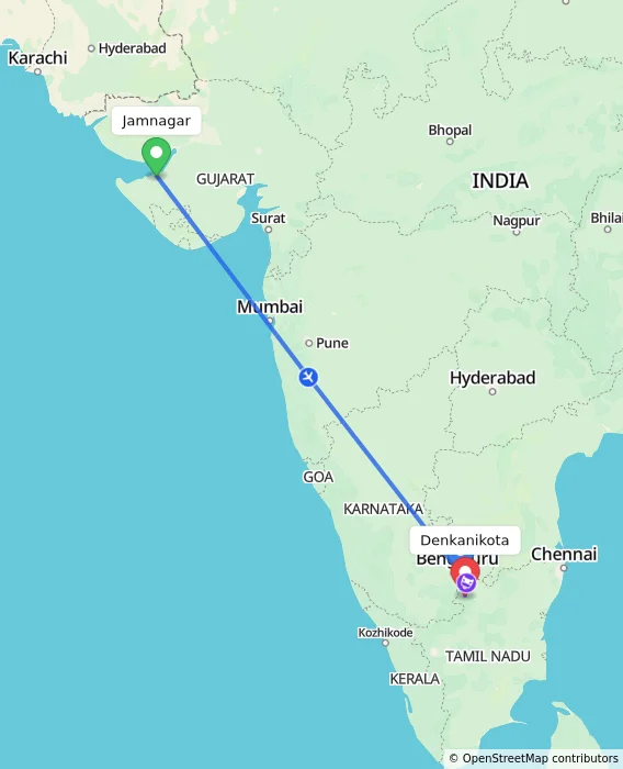 Route map showing distance and travel time from Jamnagar, India to Denkanikota, India