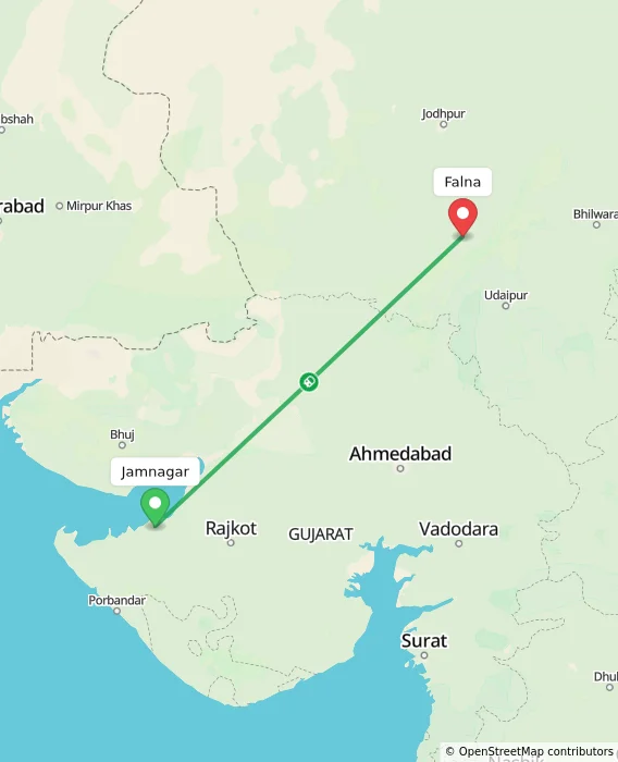 Route map showing distance and travel time from Jamnagar, India to Falna, India