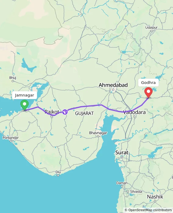 Route map showing distance and travel time from Jamnagar, India to Godhra, India