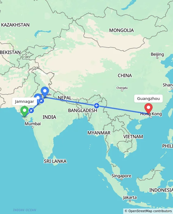 Route map showing distance and travel time from Jamnagar, India to Guangzhou, China