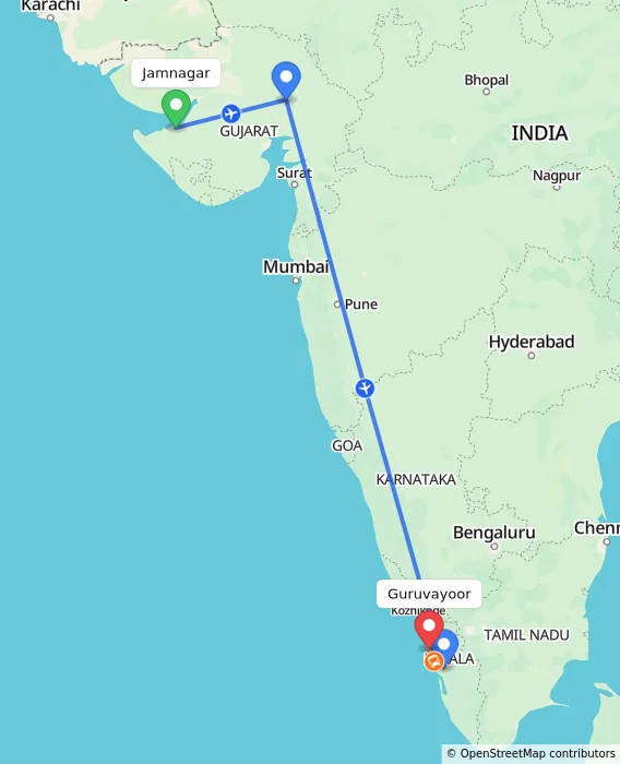 Route map showing distance and travel time from Jamnagar, India to Guruvayoor, India