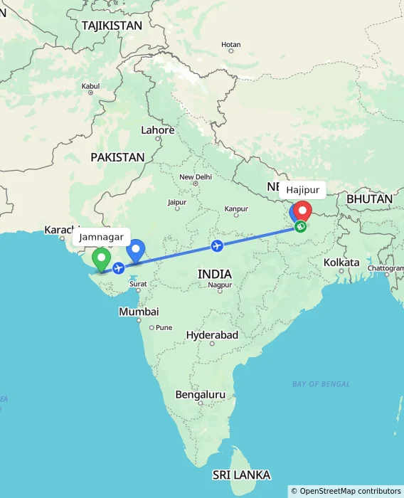 Route map showing distance and travel time from Jamnagar, India to Hajipur, India