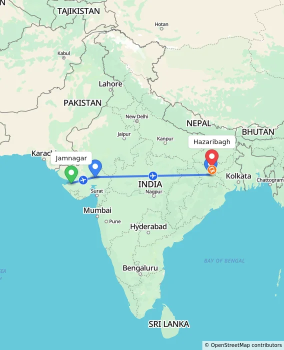 Route map showing distance and travel time from Jamnagar, India to Hazaribagh, India