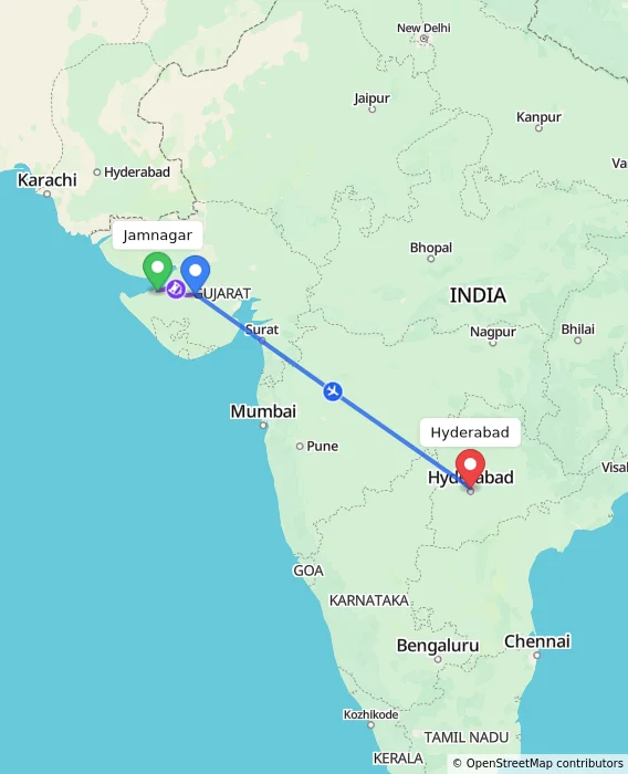 Route map showing distance and travel time from Jamnagar, India to Hyderabad, India
