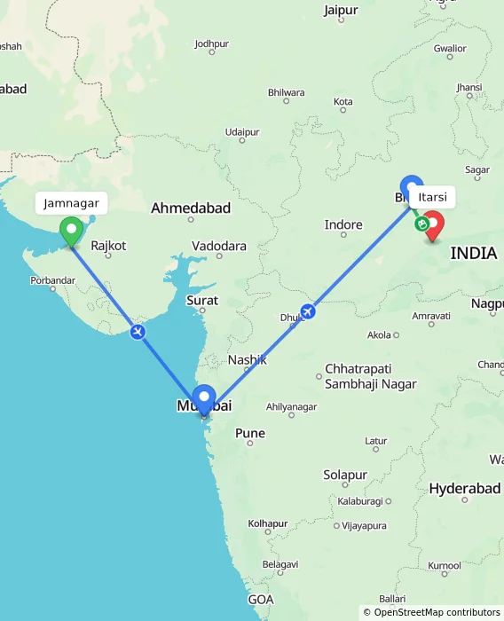 Route map showing distance and travel time from Jamnagar, India to Itarsi, India