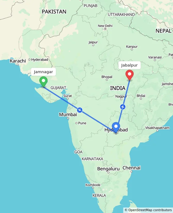 Route map showing distance and travel time from Jamnagar, India to Jabalpur, India