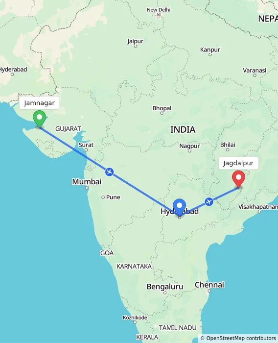 Route map showing distance and travel time from Jamnagar, India to Jagdalpur, India