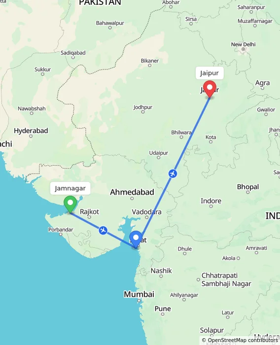 Route map showing distance and travel time from Jamnagar, India to Jaipur, India