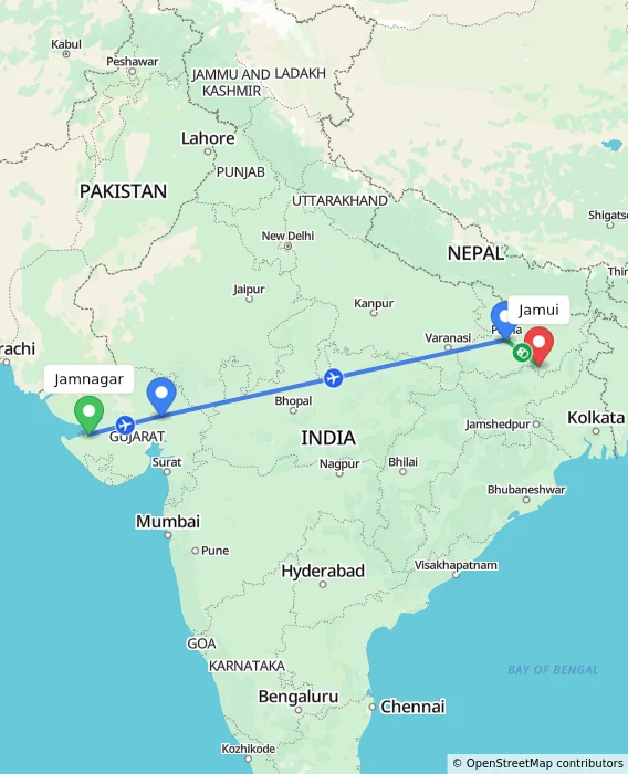Route map showing distance and travel time from Jamnagar, India to Jamui, India