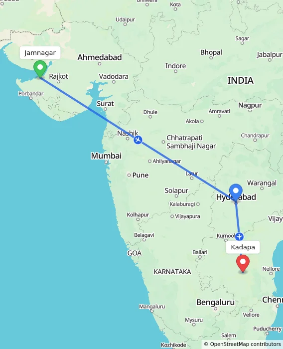 Route map showing distance and travel time from Jamnagar, India to Kadapa, India