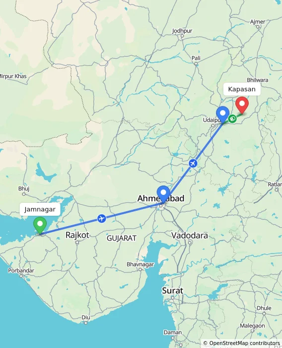 Route map showing distance and travel time from Jamnagar, India to Kapasan, India