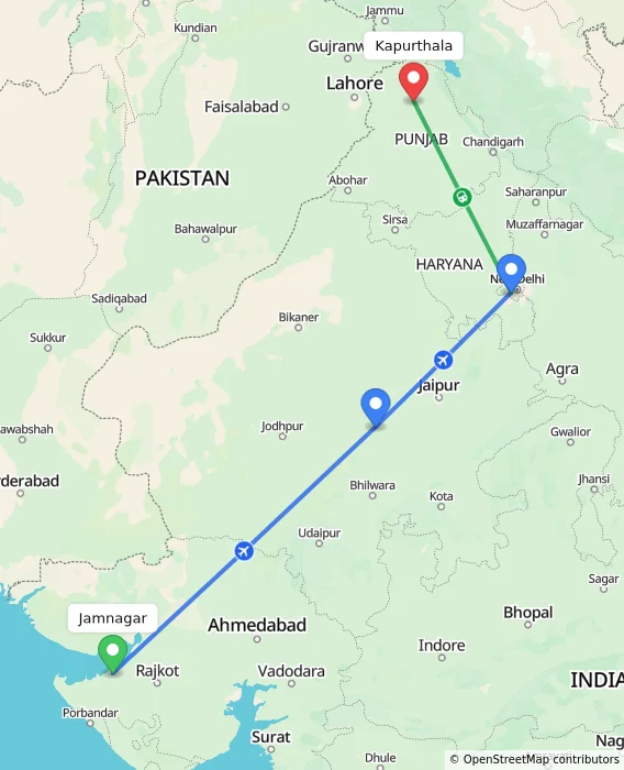 Route map showing distance and travel time from Jamnagar, India to Kapurthala, India