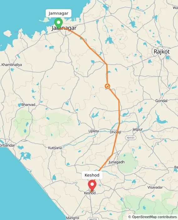 Route map showing distance and travel time from Jamnagar, India to Keshod, India