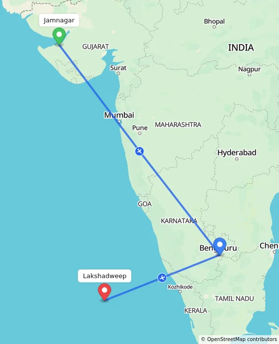 Route map showing distance and travel time from Jamnagar, India to Lakshadweep, India