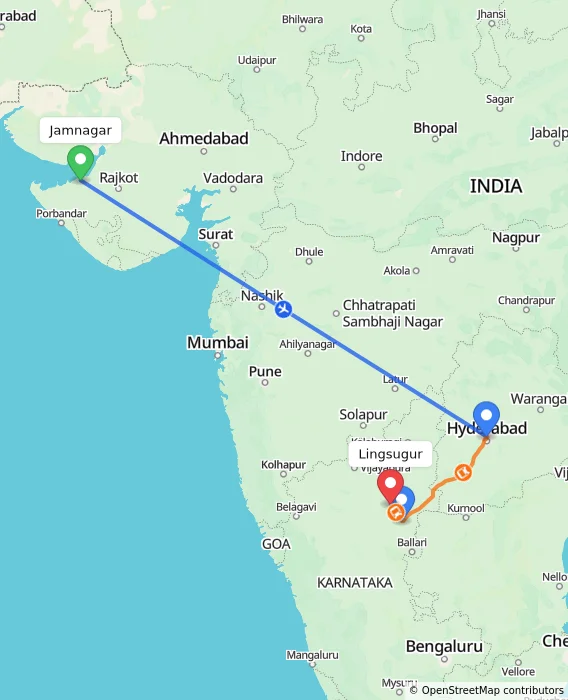 Route map showing distance and travel time from Jamnagar, India to Lingsugur, India