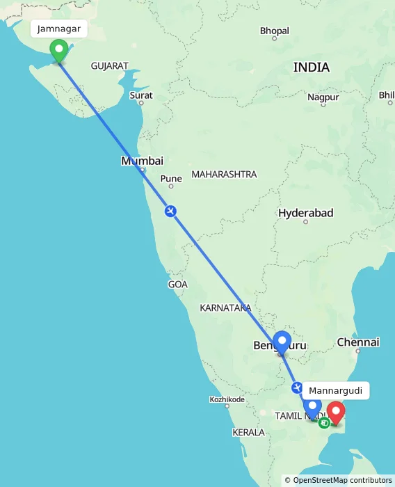 Route map showing distance and travel time from Jamnagar, India to Mannargudi, India