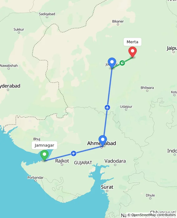 Route map showing distance and travel time from Jamnagar, India to Merta, India