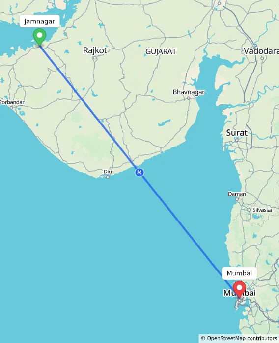 Route map showing distance and travel time from Jamnagar, India to Mumbai, India