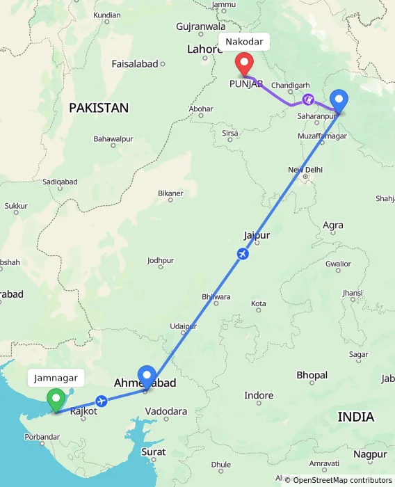 Route map showing distance and travel time from Jamnagar, India to Nakodar, India
