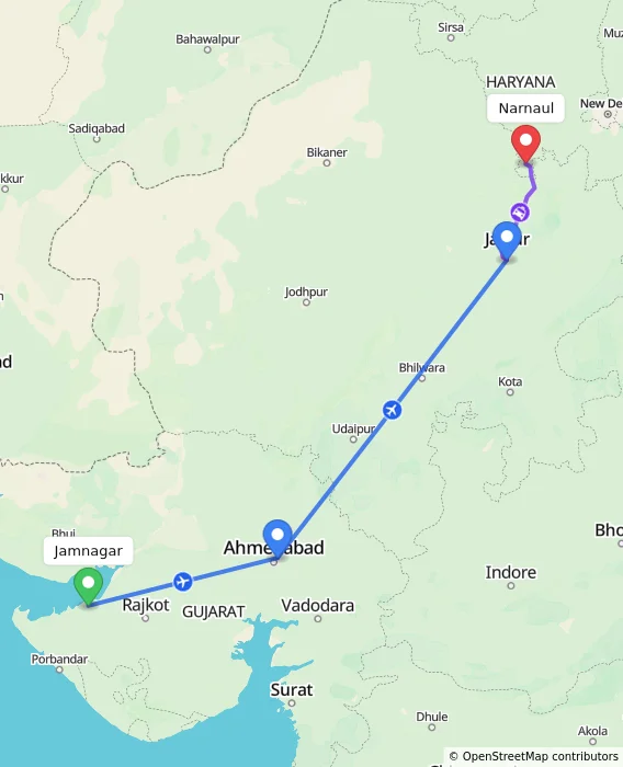 Route map showing distance and travel time from Jamnagar, India to Narnaul, India
