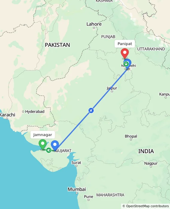Route map showing distance and travel time from Jamnagar, India to Panipat, India