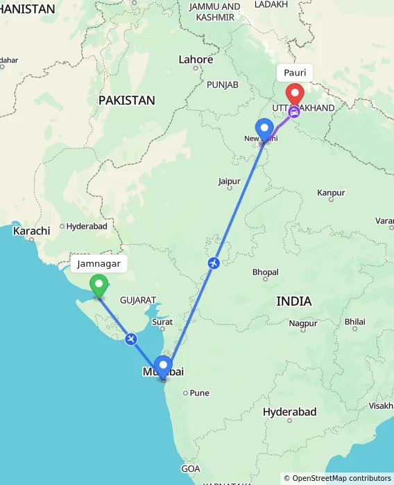Route map showing distance and travel time from Jamnagar, India to Pauri, India