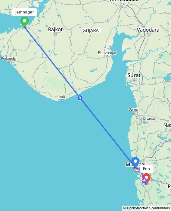 Route map showing distance and travel time from Jamnagar, India to Pen, India