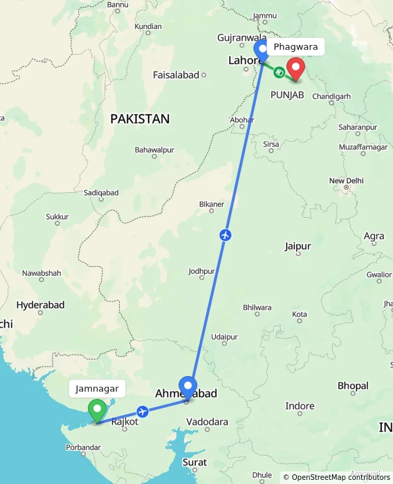Route map showing distance and travel time from Jamnagar, India to Phagwara, India