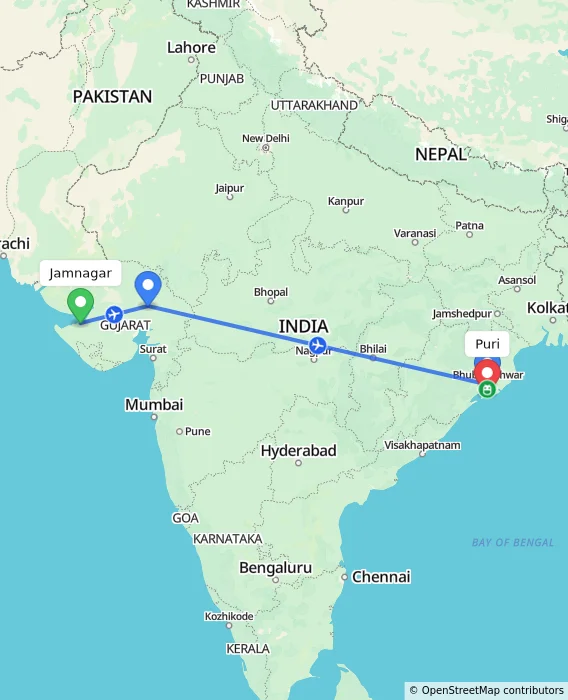Route map showing distance and travel time from Jamnagar, India to Puri, India