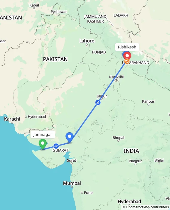 Route map showing distance and travel time from Jamnagar, India to Rishikesh, India