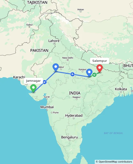 Route map showing distance and travel time from Jamnagar, India to Salempur, India