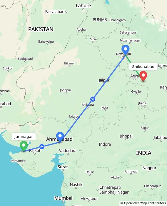 Route map showing distance and travel time from Jamnagar, India to Shikohabad, India