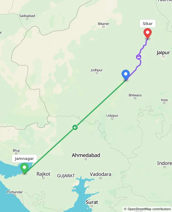 Route map showing distance and travel time from Jamnagar, India to Sikar, India