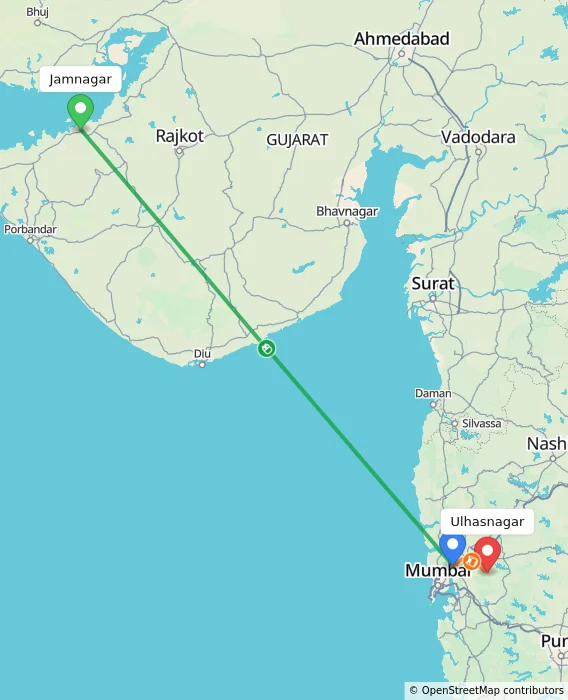 Route map showing distance and travel time from Jamnagar, India to Ulhasnagar, India