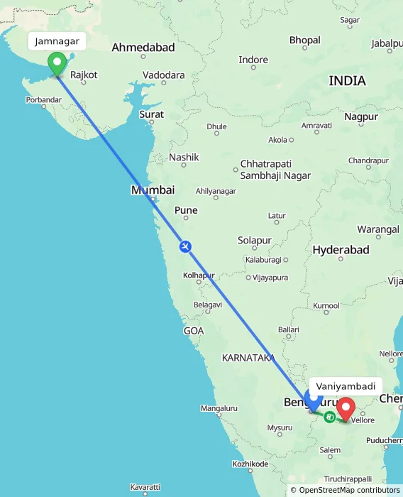 Route map showing distance and travel time from Jamnagar, India to Vaniyambadi, India