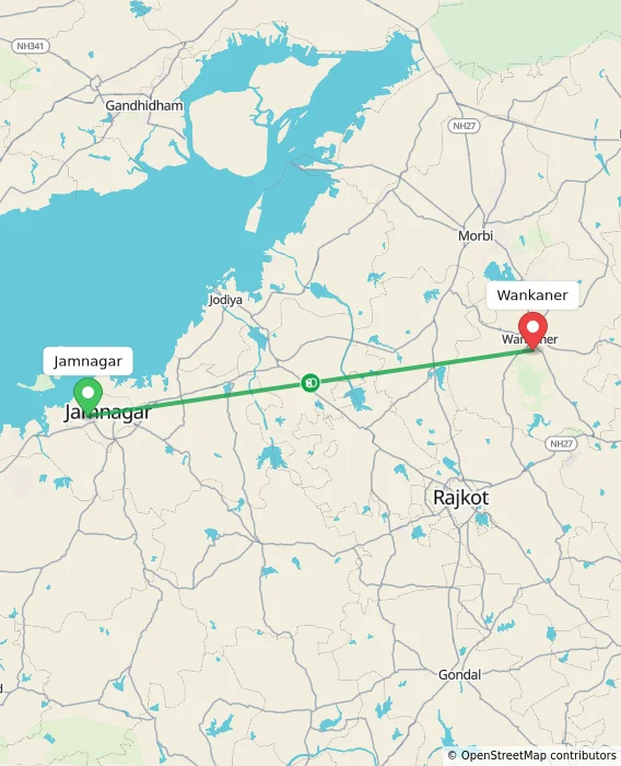 Route map showing distance and travel time from Jamnagar, India to Wankaner, India