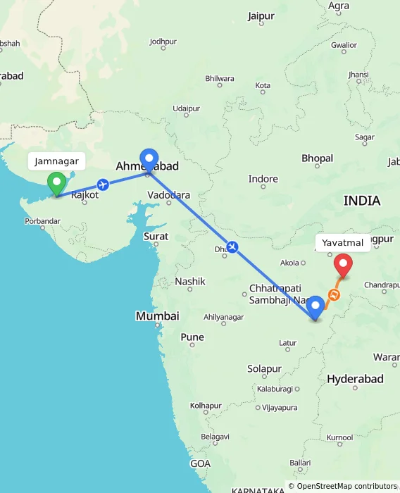 Route map showing distance and travel time from Jamnagar, India to Yavatmal, India