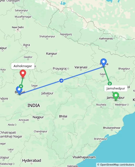Route map showing distance and travel time from Jamshedpur, India to Ashoknagar, India