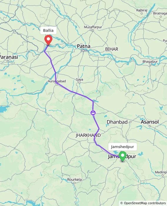Route map showing distance and travel time from Jamshedpur, India to Ballia, India