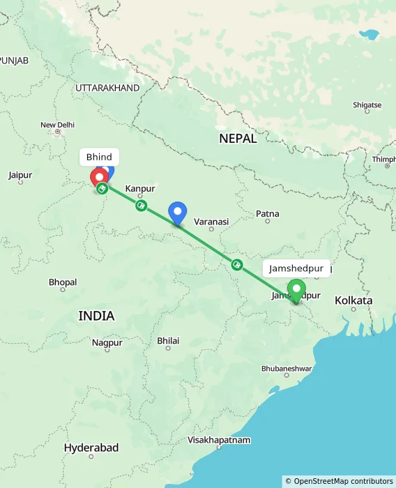Route map showing distance and travel time from Jamshedpur, India to Bhind, India