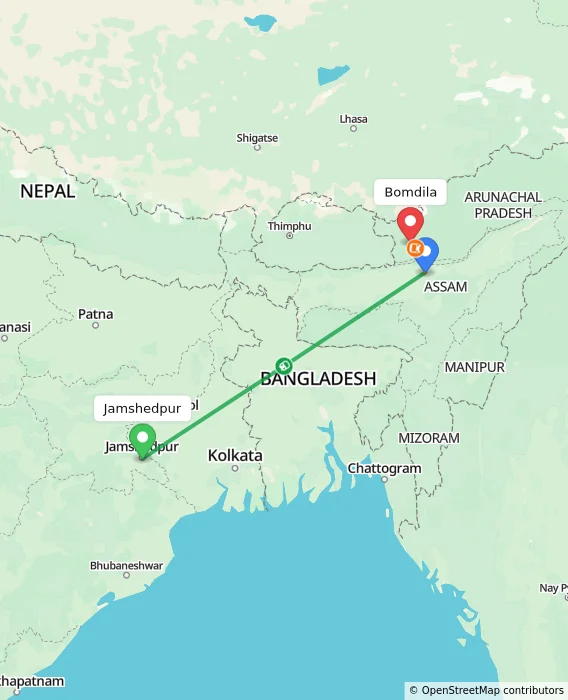 Route map showing distance and travel time from Jamshedpur, India to Bomdila, India