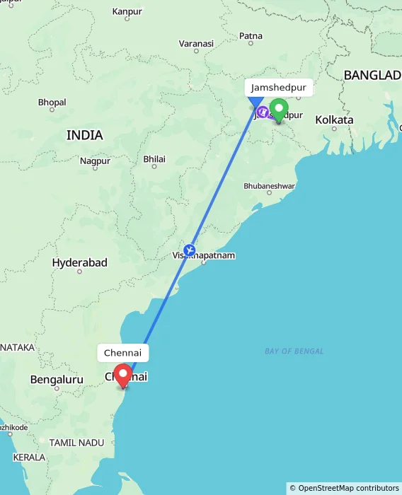 Route map showing distance and travel time from Jamshedpur, India to Chennai, India